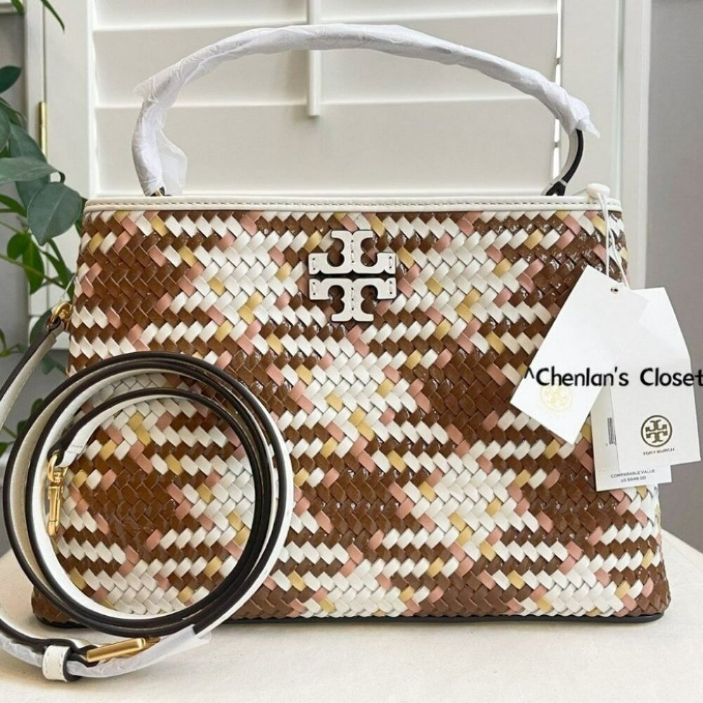 Tory Burch Britten Woven Satchel in Brown and Cream - Picture 5 of 15